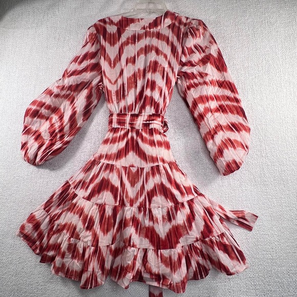 Banana Republic Red White Ikat Tiered Wrap Midi Dress Balloon Sleeve - Picture 7 of 12